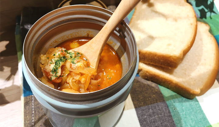 スープジャー弁当 栄養満点 大豆の簡単トマトスープパスタ Nomina